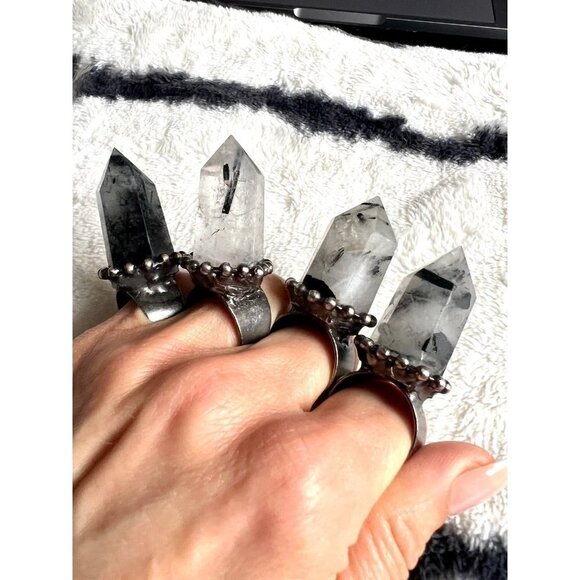WITCHY Tourmalated Black Rutile Rutilated Quartz SPIKE Statement Ring - Picture 1 of 14